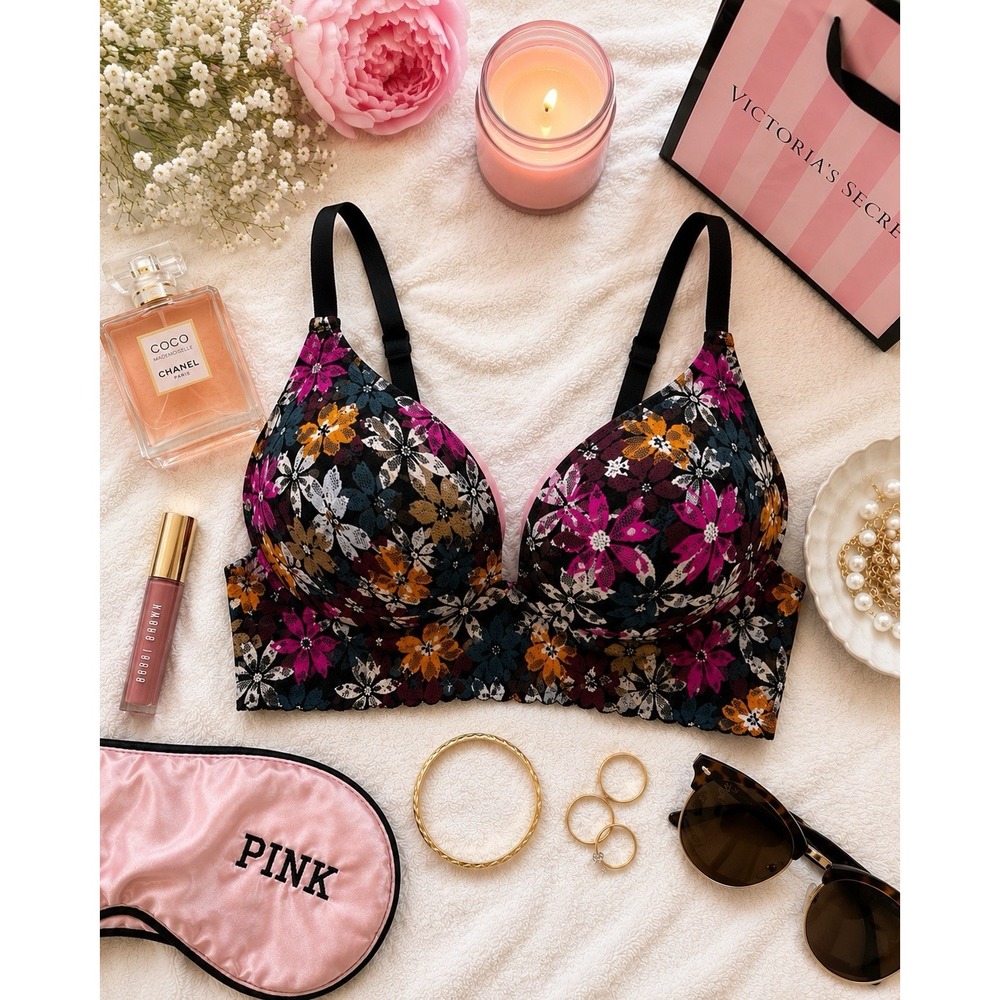 PINK Victoria's Secret Push Up Longline Lace Bralette Floral XXL Boho